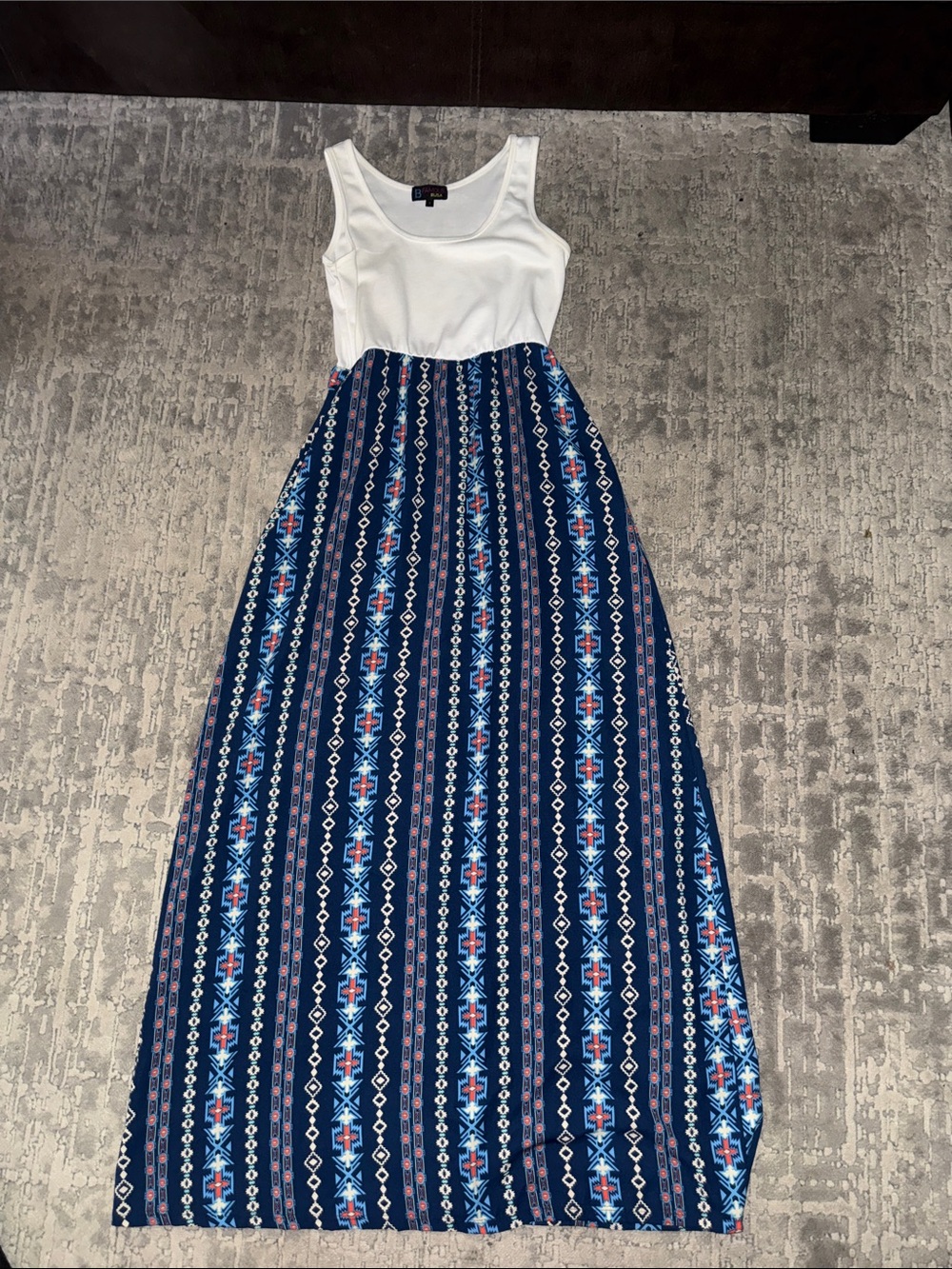 White & Navy Printed Maxi Dress with Long Sleeves Alternative